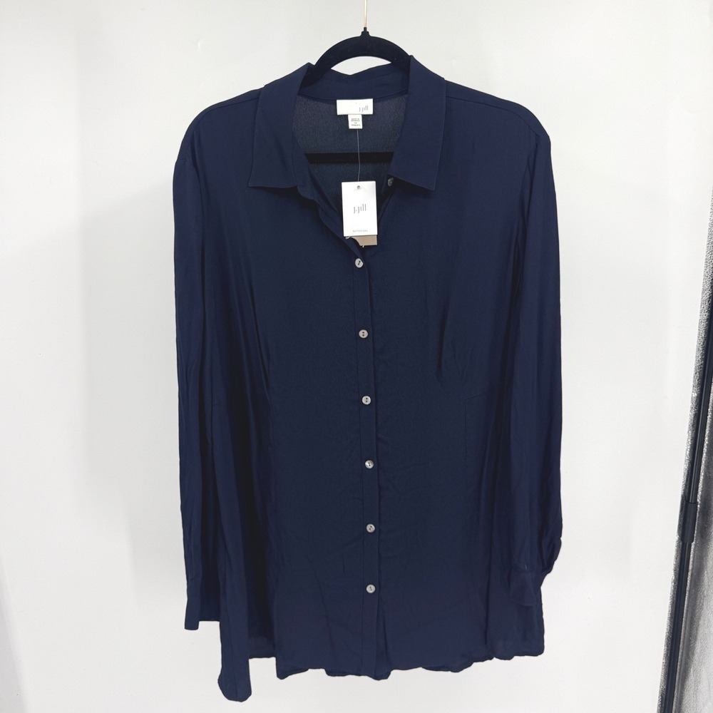 J. Jill Navy Blue Rayon Crepe Button Down Tunic Top Womens 1X New Solid Capsule